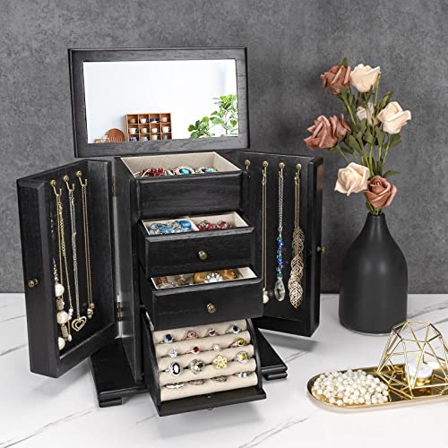 Emfogo Jewelry Box for Women, Rustic Wooden Jewelry Boxes & Organizers with Mirror, 4 Layer Jewelry Organizer Box Display for Rings Earrings Necklaces Bracelets (Black) - color: Black
