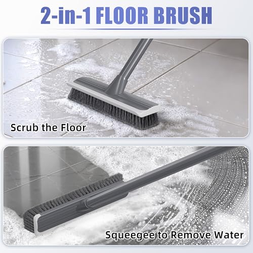 2 in 1 Floor Scrub Brush: Deck Brush with Squeegee | Long Adjustable Handle - 55'' Stiff Bristle Scrape Brush for Deck Patio Garage Shower Bathroom