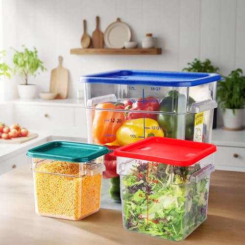 4 Pack 6 Qt Square Polycarbonate Food Storage Containers with Lids | Clear BPA-free PC with lids, side handles, measurement scale and stackable design; for food prep, storage and freezer use. - color: 6Qt