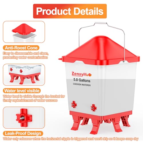 5.0 Gal Chicken Waterer Bucket with 4 Horizontal Water Nipples | Height-adjustable, Anti-roost Cone for Backyard Chicken Flocks - style: Waterer with Nipples