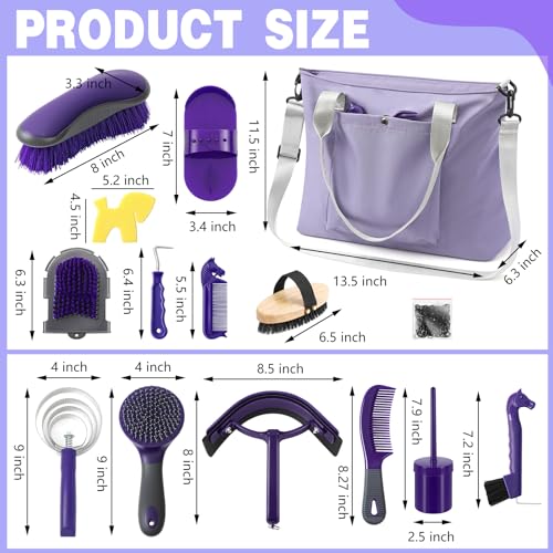 Abbylike 15 Pieces Horse Grooming Kit with Organizer Tote Bag Tack Room Supplies Horse Brush Sets Care Equine Cleaning Kit Shedding Grooming Massaging Tools(Purple and Grey) - color: Purple and Grey
