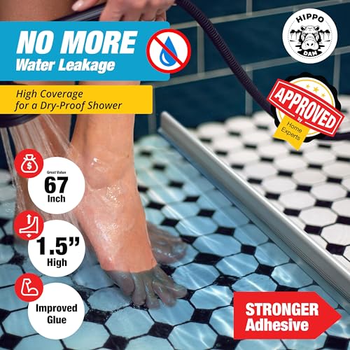 67" White Shower Threshold Water Dam Barrier, 1.5" Tall Water Stopper Strip | Flexible 1.5-inch-tall door seal helps contain splashes, block leaks and keep bathroom floors dry around walk-in showers - color: White, style: 67 In