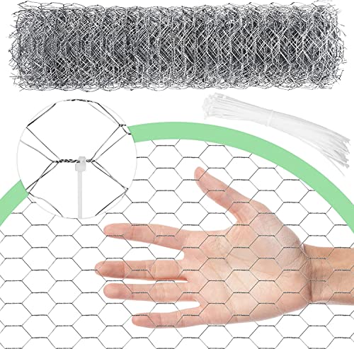 Chicken Wire 4 in x 787 in Poultry Wire Netting Hexagonal Galvanized Mesh Garden Fence Barrier for Pet Rabbit Chicken Fencing with 100 Pcs Cable Zip Ties - color: Silver, size: 4"x787"+100Ties