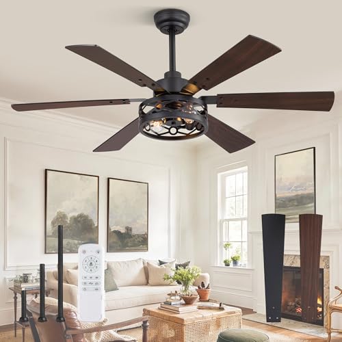 Fanbulous 50 Inch Ceiling Fan with Light and Remote, Farmhouse Small, Black | Industrial Caged Rustic, Downrod Mount, Quiet Reversible DC Motor, Powerful 6 Speeds, Timer, for Living Room, Bedroom, Indoor - color: Black, size: 50 Inch