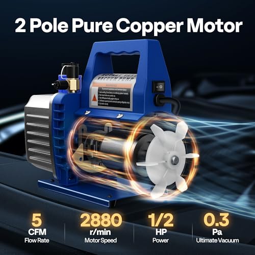 VIVOHOME 110V 1/2 HP 5 CFM Dual Stage Rotary Vane HVAC Air Vacuum Pump | AC Vacuum Pump for Home Automotive Air Conditioner R134a R12 R22 R502 R410a AC System with Oil Bottle - color: Blue, size: 5 CFM