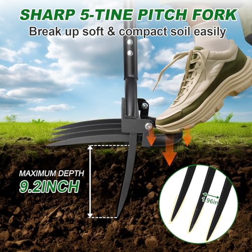 Broad Fork Garden Tool, 63" Heavy Duty Broadfork Hand Tiller with Double 5+4 Sharp Tines, Garden Pitchfork with Ergonomic D-Shaped Handle, Spading Dig - size: Broad Fork 63Inch