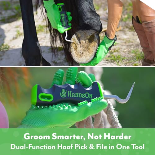 Handson Hoof Pick - Horse Grooming Supplies for Daily Cleaning & Maintenance - Metal Pick w/Hoof Filer for Horses - Ergonomic Grip