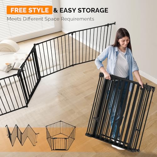 Bonnlo Baby Safety Gate, 82-Inch Configurable Walk-Through Fence for Toddler/Pet/Dog/Cat/Puppy, Adjustable Metal Barrier for Fireplace/Stairs/Doorways - color: Black, style: 74 InchL x 29 InchH(3-Panel)