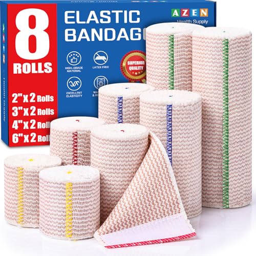 AZEN Premium 8 Pack Elastic Bandage Wrap (2x2", 2x3", 2x4", 2x6"), Compression Wrap Bandage for Legs, Ankle, Knee, Tummy, Body, Latex-Free, Lymphedema Wraps for Legs - color: Mix 8p