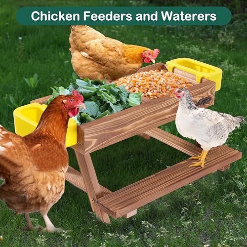 Boulphia Chicken Feeders and Waterers, Chicken Feeder No Waste Kit with Picnic Table and 2 Water Feeder, Handmade Wooden Chicken Supplies & Accessories for Chicken Coop - color: Carbonized Solid Wood