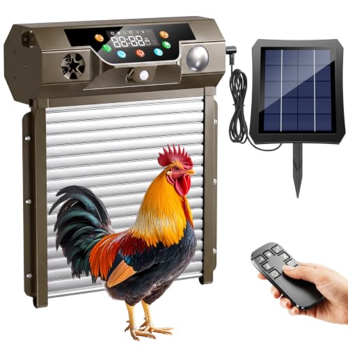Automatic Chicken Coop Door Solar Powered, Roll-Up Chicken Door with Timer & Light Sensor, Anti-Pinch Safety Auto Chicken Door with Remote Control, Weatherproof for Outdoor