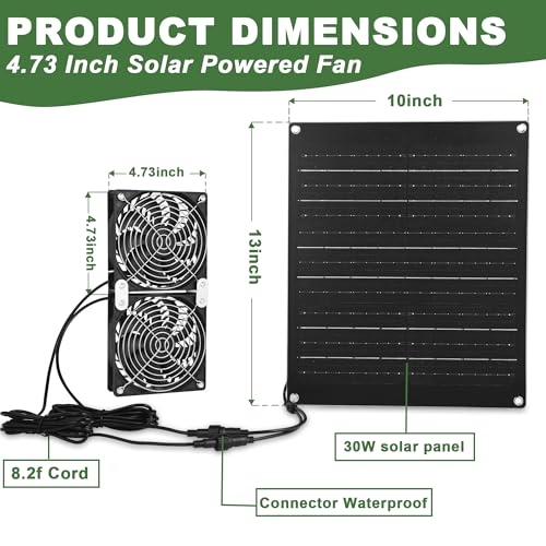 Solar Powered Fan, 30W Solar Fan with Two IPX7 Waterproof Fans for Outside Greenhouse Shed Chicken Coop, Exhaust Intake Mounting Way and Solar Panel Fan Kit - size: 4.7" Fan