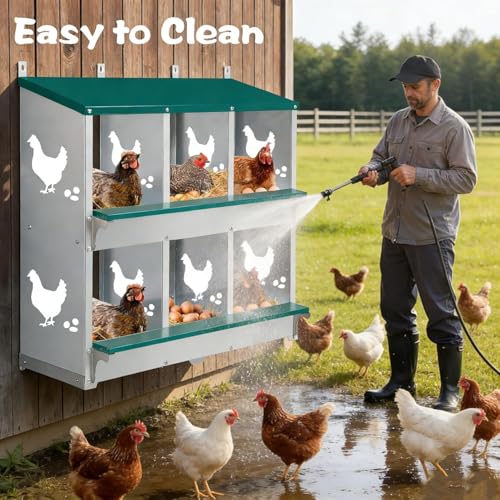 Chicken Nesting Box, 6 Compartments Nesting Box with 4 Fake Eggs & 10 Soft Nest Pads, Wall Mounting for Easy Egg Collection, Heavy Duty Galvanized Steel Rustproof Laying Box with Vented & Easy Clean - size: 6 compartment with Legs