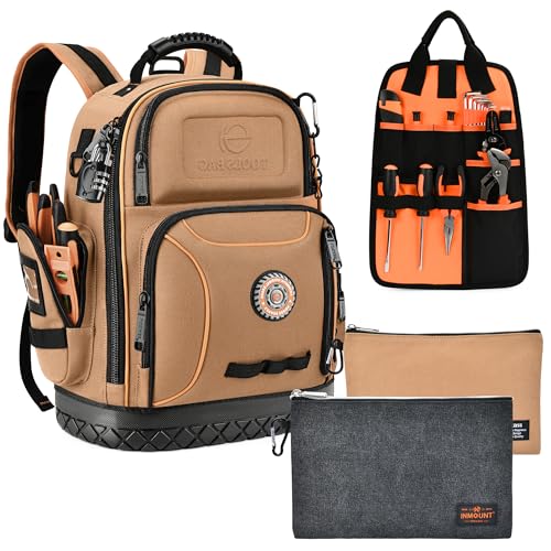 Tool Bag Backpack with 2 Canvas Tool Pouch Tool Kit, 75 Pockets & Loops Heavy Duty Tools Organizer/HVAC Tool Carrier for Eelectrician/Construction Work with Molded Base and Combination Lock, Brown - color: Brown2