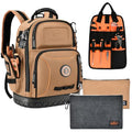 Tool Bag Backpack with 2 Canvas Tool Pouch Tool Kit, 75 Pockets & Loops Heavy Duty Tools Organizer/HVAC Tool Carrier for Eelectrician/Construction Work with Molded Base and Combination Lock, Brown - color: Brown2