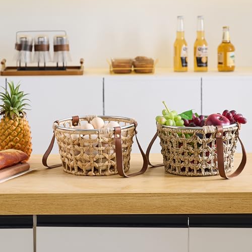 Farmhouse Wicker Egg Basket for Collecting Fresh Eggs, Round Storage Basket with Handle, Brown, Sea Grass - color: Round-Water Hyacinth