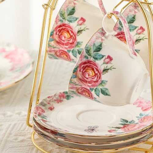 15 Piece British Bone China Tea Cup Sets, Elegant red Rose Pattern, Cups and Saucers Service for 4, with Teapot Sugar Bowl Cream Pitcher Teaspoons for Tea/Coffee, Gifts Set for Adults. - color: White and Red