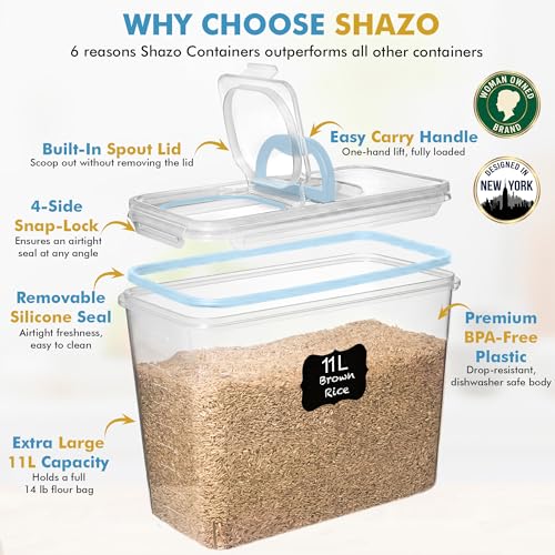 Shazo 2 PC (11L | 372 oz) Flour Sugar Storage Containers with Spout Lid & Easy Carry Handle - BPA Free Extra Large Airtight Food Storage Containers with Lids - Rice Canisters Sets for Kitchen & Pantry - color: Blue