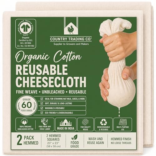 Organic Cheese Cloth, 2 Hemmed 23x23 Squares, Reusable - size: 3.7 sq ft (2 pcs)