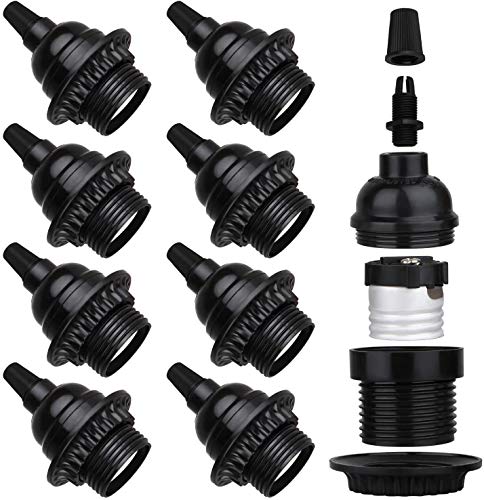 8 Pack E26 E27 Light Sockets, Black Threaded Keyless Lamp Socket | Medium Screw Base Lamp socket Replacement with Shade Ring, Retro Style E26 DIY Light Bulb Sockets Cover Pendant Lamps Holder