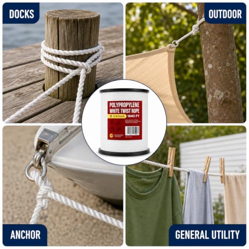 Heavy Duty PP/Polyester/Nylon Rope on Spool, White, 1/4inX1640FT | Weather-Resistant & Waterproof, For Pool, Marine, Camping, Household Use, Construction & Rigging Applications - color: White, size: 1/4in X 1640FT
