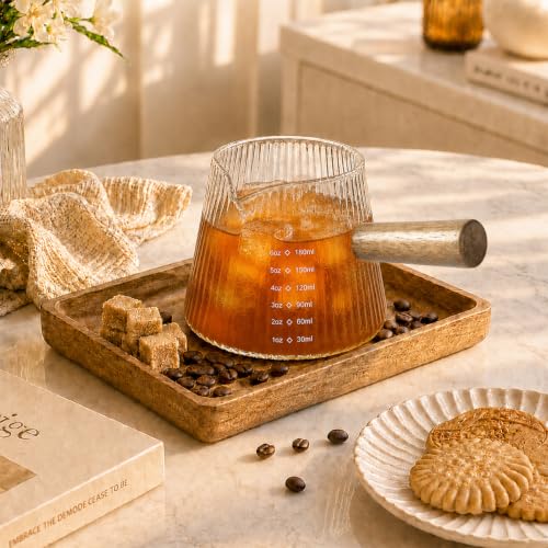 6OZ Espresso Shot Glass Cups Coffee Measuring Cup Coffee Bar Accessories | With wood handle, V-shaped, spout ribbed milk frothing pitcher spouts cup for coffee milk sauce