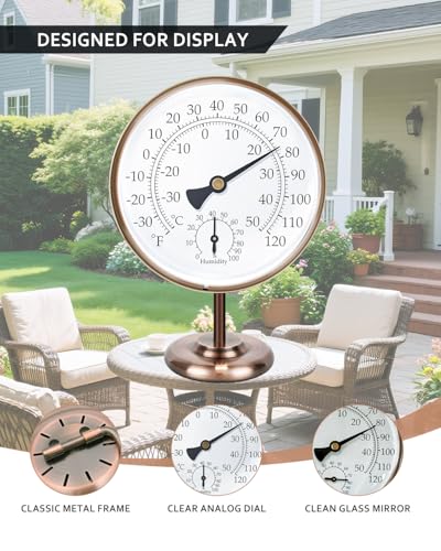 4-Inch Solid Brass Analog Thermometer Hygrometer with Stand | Solid brass, battery-free dual-scale dial for desks, offices, bedrooms, garages and RV interiors