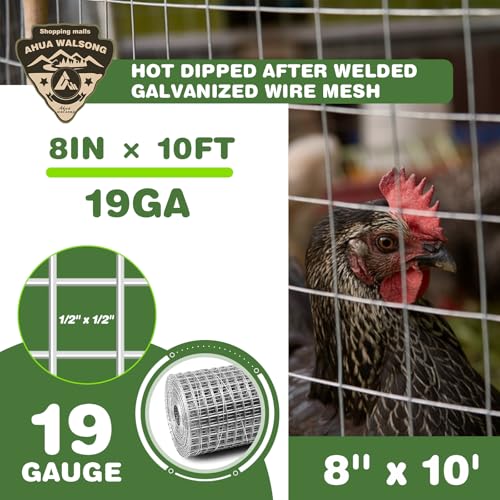 Galvanized Hardware Cloth 1/2 inch 8'' x 10' (19 GA), Chicken Wire Fence for Pens, Coops, Rabbit/Snake Fences, Supports Garden Poultry Animal Netting Cage - size: 1/2" 19ga 8in x 10ft