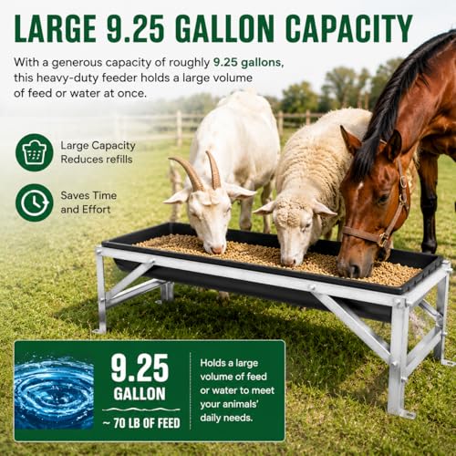 9.2 Gal Livestock Feed Trough with Stand, Heavy Duty Galvanized Steel Goat Feeder Trough for Sheep Horse Cattle, Raised Large Capacity Farm Animal Feeding Pan - color: Silver+Black