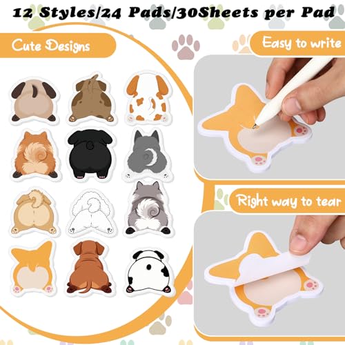 Yinder 24 Pads Dog Sticky Notes Cute Kawaii Dog Butt Memo Self Adhesive | Fun Cartoon Animal Themed Gifts for Office School, Veterinary Party Supplies, Bulk Adhesive Note Pads Valentines - style: Cute Dog