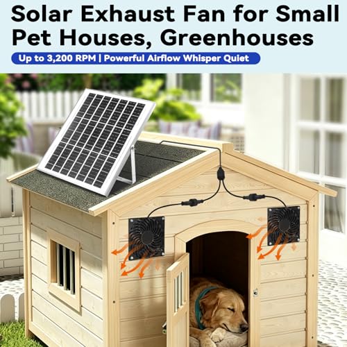 Solar Powered Fan Kit, Weatherproofed Exhaust Fan Air Ventilation Equipment with 25W Solar Panel and 2 High-Speed 5 Inch Dual Fans, Kit for Outside Chicken Coops, Pet House, Attics, Greenhouses, Shed