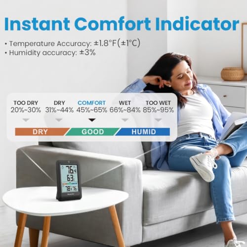 Newentor Indoor Outdoor Thermometer Wireless with 24H/48H/ALL-TIME High Low | Big Number 4" Display, Inside Outside Temp & Humidity, Comfort Indicator, Weather Station for House Patio, Black, 3 Sensors - color: Black, size: with 3 sensor