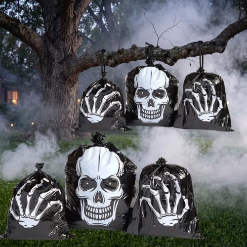 Qilery 6 pack Halloween Skull Leaf Lawn Bags for Outdoor Decorations Plastic Zombie Trash Bags with Skeleton Hand & Twist Ties for Lawn Yard Garden Patio and Party Decor - style: Skull