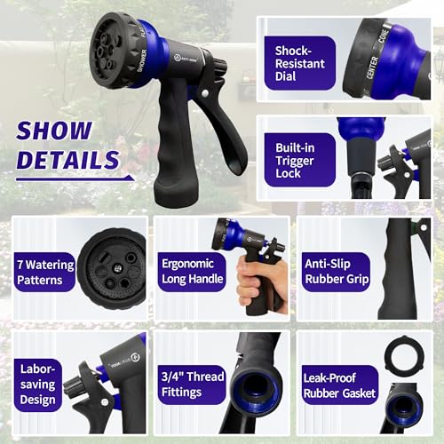 AUTOMAN Garden Hose Nozzle, Water Sprayer Nozzle with 7 Adjustable Watering Patterns,Slip Resistant Nozzle for Plants,Lawn,Washing Cars,Window Cleaning,Showering Pets & Outdoor Fun. - color: Royal Blue