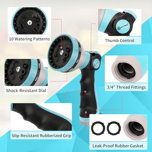 AUTOMAN Garden Hose Nozzle Sprayer - 10 Spray Patterns, 2 Pack Thumb Control Water Hose Nozzle Outdoor, Heavy Duty Spray Nozzles for Watering Garden, Cleaning Window, Washing Car, Showering Pets - color: Turquoise