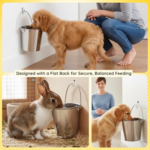 4 quart Stainless Steel Flat Side Bucket | 1 gal Durable Heavy Duty Food & Water Feeding Pails for Birds Dogs Cats Goat | Fits kennels Cages Critter Crates Hanging Pet Pail | Multipurpose - size: 4 Quarts