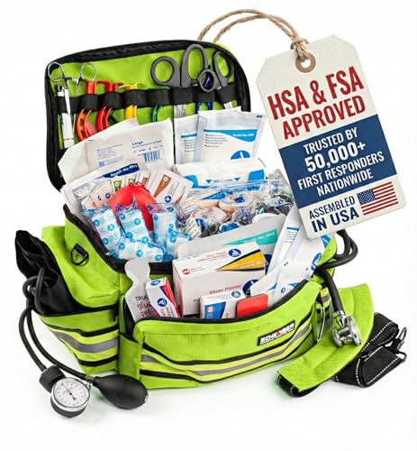 Scherber First Responder Fully-Stocked Professional Essentials EMT/EMS Trauma Kit | HSA/FSA Approved | Reflective Bag w/8 Zippered Pockets & Compartments & 200+ First Aid Supplies - Yellow - color: Yellow