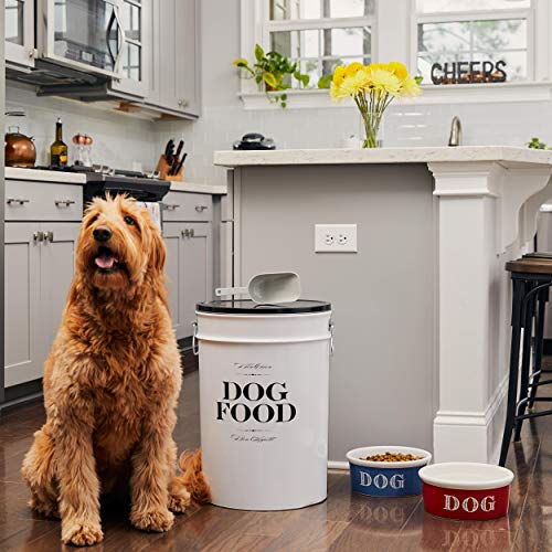 Harry Barker Bon Chien Dog Food Storage Canister – Large 11 gallon, Airtight Stainless Steel Pet Food Container, Stylish Kitchen Counter Dog Kibble Storage with Easy-Open Lid - White - color: Black & White