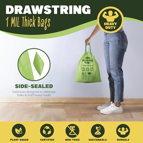 2.6-3 Gallon Compostable Trash Bags Drawstring 50 Bags Extra Thick 1 Mil 11.36 Liter Small Biodegradable Trash Bags for Kitchen Countertop Bin ASTM D6400, US BPI and OK Compost Home Certified - color: 3 Gallon Drawstring, 50 Count
