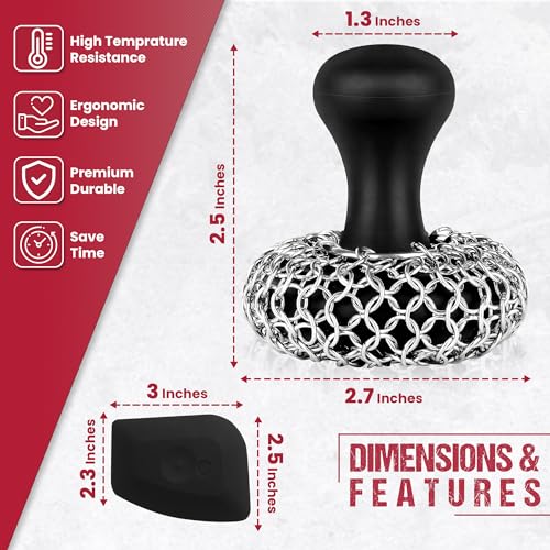 316L Chainmail Scrubber Cleaner Kit - Chain Scrubber with Long Grip Handle | Zylark Chain Mail Scrubber Cast Iron - Cast Iron Skillet Scrubber - Chain Scrubber with Long Handle - style: Black CIS with Scraper (Handle)