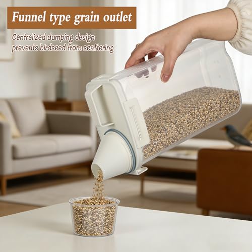 3.17 Qt/3 L Bird Seed Storage Container Airtight- Portable Bird Food Container with Airtight Measuring Cup, Clear Pet Parrot Seed Dispenser for Birds Food Chicken Feed Storage, Beige Lid