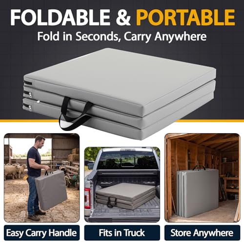 Breling Large Livestock Folding Fitting Mat 71” x 24”, 2” Thick Kneeling Pad with Carry Handle Portable, Gray Foldable Waterproof PU Leather Work Mat for Grooming, Farrier, Garage, Gardening & Outdoor