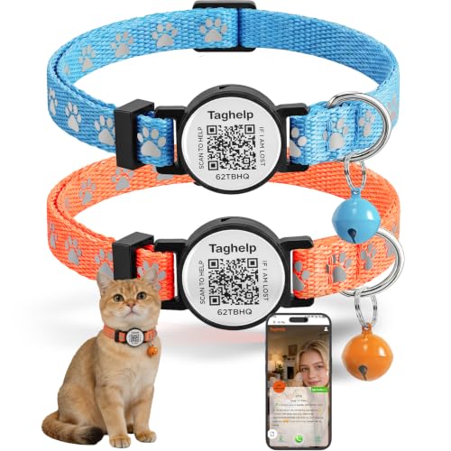 Smart Safety Cat Collar 2-Pack: Luminous Night Glow & QR Code Pet ID Tag, Breakaway Reflective Adjustable Collar (7-12.5”) for Indoor/Outdoor Cats(Blue & orenge) - color: paw- Blue & Orange