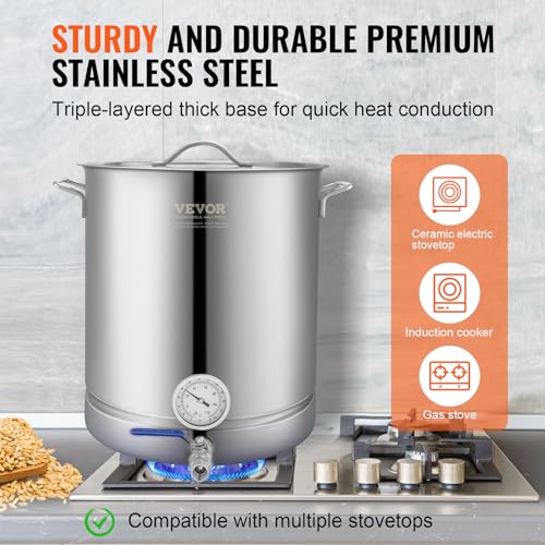 VEVOR Brew Kettle 16 Gal, Brewing Pot Stainless Steel, Brew Kettle Pot for Beer Brewing with Filter&Filter Tray, Tri Ply Bottom for Beer - size: 64 Quarts