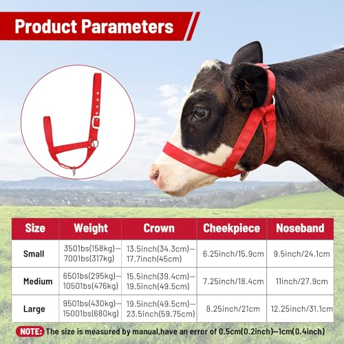 Cow Halter Cattle Halters Calf Halter with Leading Rope，Adjustable Nylon Livestock Cattle Halter，for Miniature Horse Donkey Goat Foal (Red, Medium) - color: Red, size: Medium