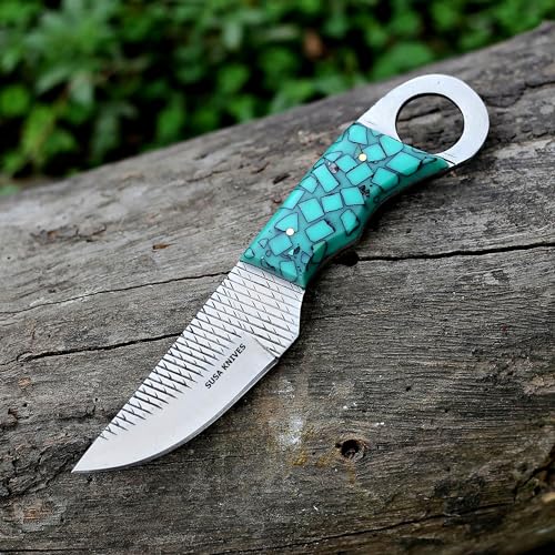 Custom Handmade 7'' fixed blade hoof rasp knife/Cow boy knife/Damascus steel Bull cutter cowboy knives with pancake leather sheath (SUSA 110) - color: SUSA 110