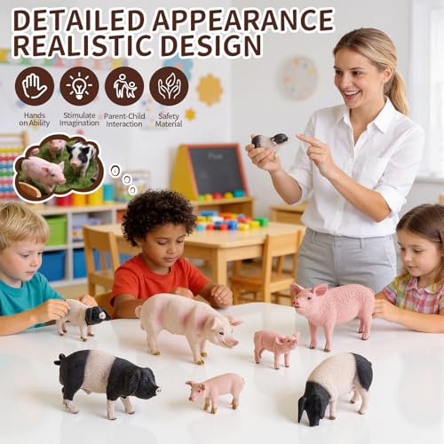 8 Pcs Realistic Pig Figurines Farm Animal Toys Animal Figures | Solid, Durable, Safe, Plastic Pig Figures Playset, Cake Toppers, Educational Pretend Play, Birthday Christmas Gift - style: Pig