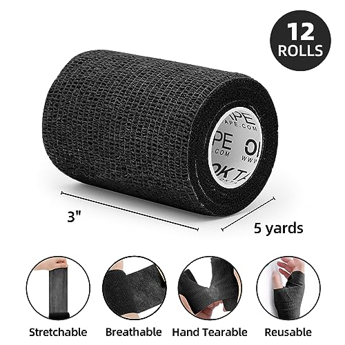 OK TAPE Self Adherent Cohesive Bandages Wrap 12Packs 3" x 5 Yards | Non-Woven Elastic for Thumb Finger Wrist Ankle Self Adhesive Bandage Wrap Breathable Vet Wrap Bandages Tape (Black) - color: Black, size: 3 In x 5 Yards