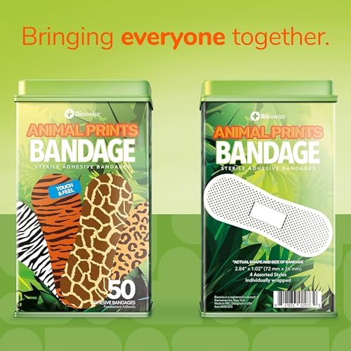 BioSwiss Bandages, Animal Print Shaped Self Adhesive Bandage Set, Latex Free Sterile Wound Care, 50 Count - size: 50-Count Tin, style: Animal Print