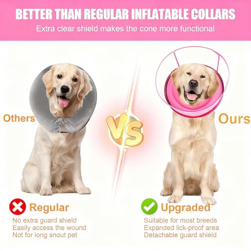 2-in-1 Soft Inflatable Dog Cone Collar Alternative,Dog Collar After Surgery | Dog Cone Collar With Enhanced Anti-Licking Guard Shield,Adjustable Recovery Cones for Medium Small Dogs and Cats,Pink,M+ - color: Pink, size: M+(Neck Girth:12"-15")